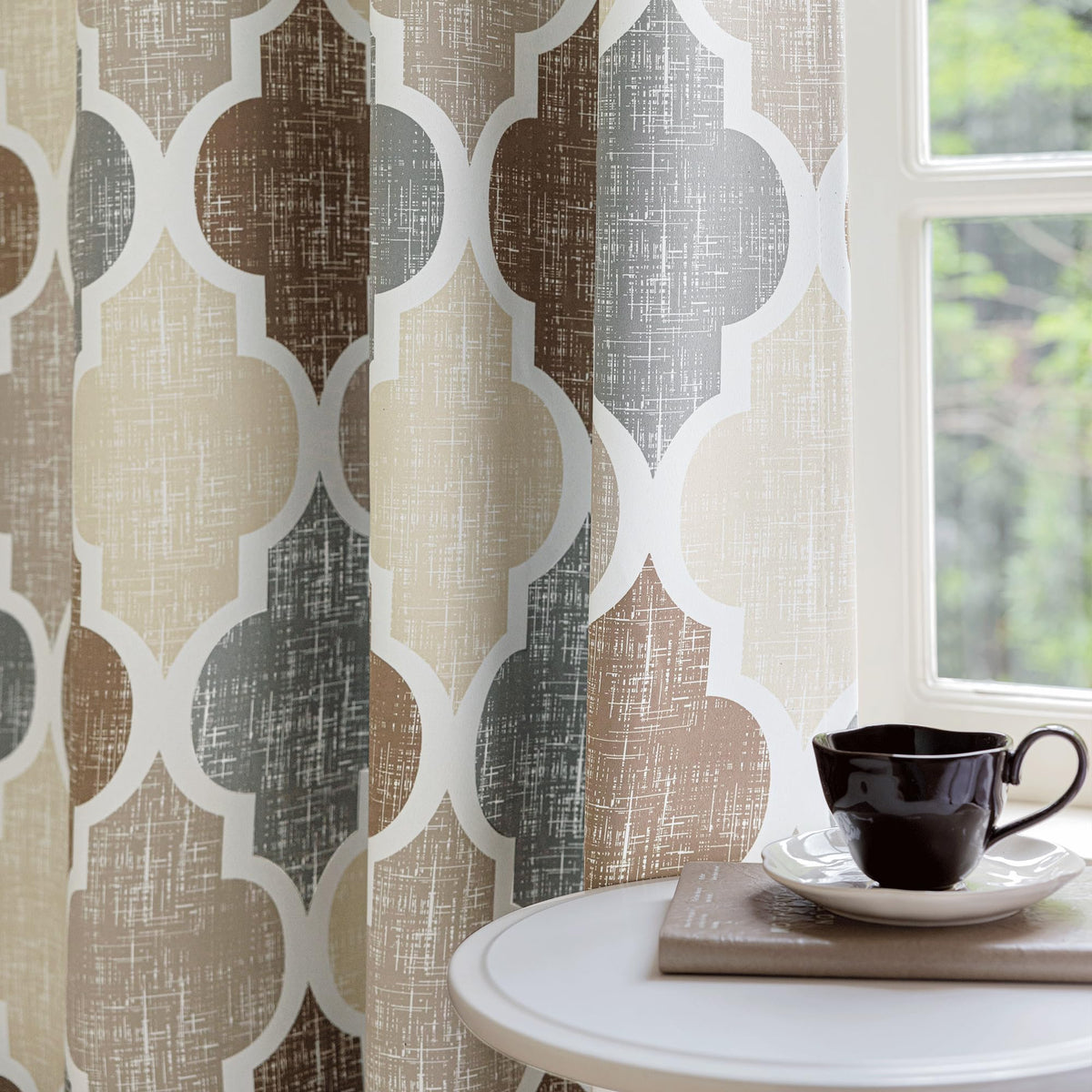 Beauoop 100% Blackout Curtains 84 Inches Long 2 Panels for Bedroom Living Room Brown Grey Moroccan Geo Room Darkening Thermal Insulated Soundproof Grommet Top Window Treatments Drapes, 50x84 Set of 2
