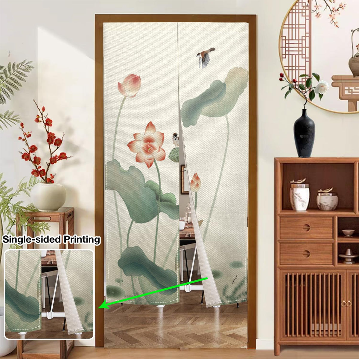 Leowefowa Japanese Noren Doorway Curtain Tapestry Traditional Lotus Bird Printed Window Treatment Polyester for Hanging Room Divider Home Decor Japanese Privacy Kitchen Door Curtains, 33.5"x 70.9"