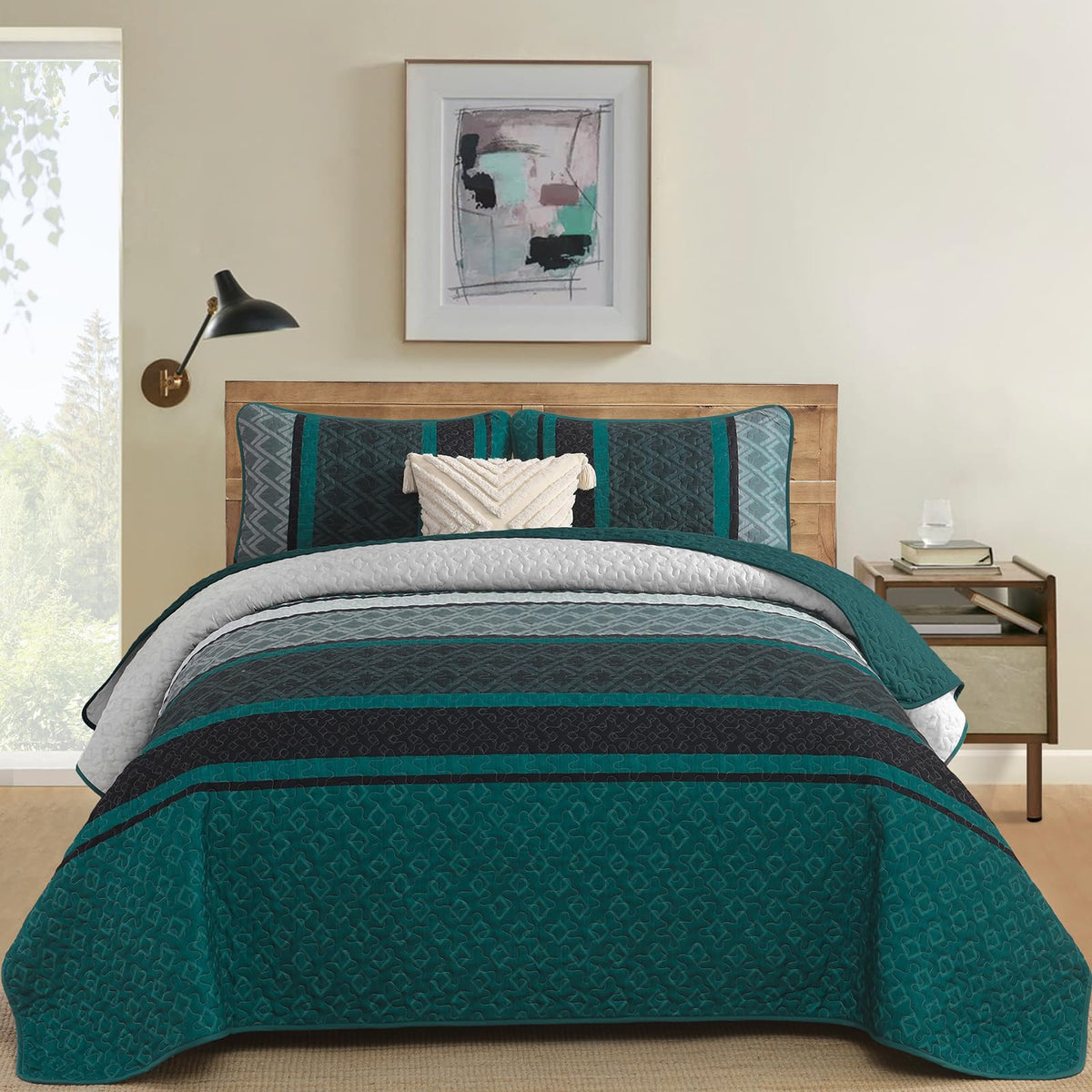 Dinjoy Boho Quilt Set King, Soft 3 Pieces Striped Bedspreads, Dark Green Bedding Sets Micofiber Lightweight Quilts with 2 Pillow Shams Coverlet Bed Sets for Women Men 110''x90''