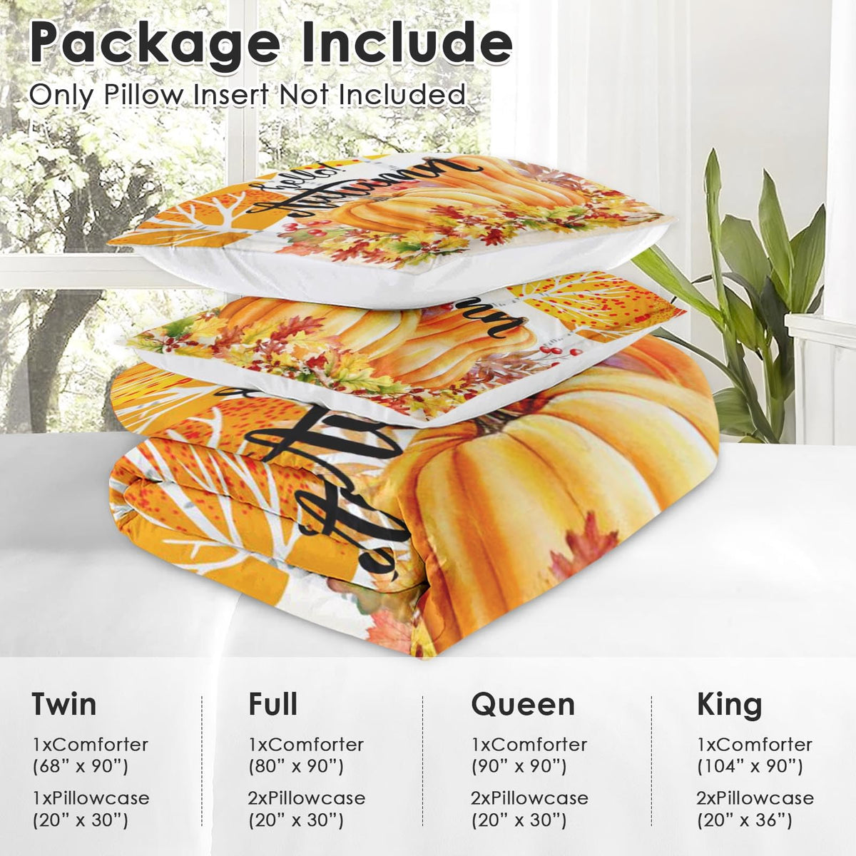 Nesphy Fall Pumpkin Botanical King Comforter Set, Autumn Painting Yellow Bedding Set 3 Piece, All Season Soft Toddlers Children Adults Bedroom Bed Decoration Comforter and 2 Pillow Shams