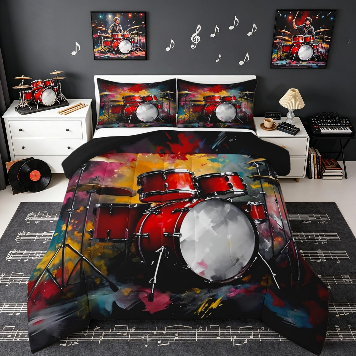 Erosebridal Drum Kit 3D Print Kids Comforter Sets Rock Music Themed Queen Bedding Set for Boys Girls Musical Pattern Comforter Set,Colorful Retro Style Quilt Duvet 3 Pcs