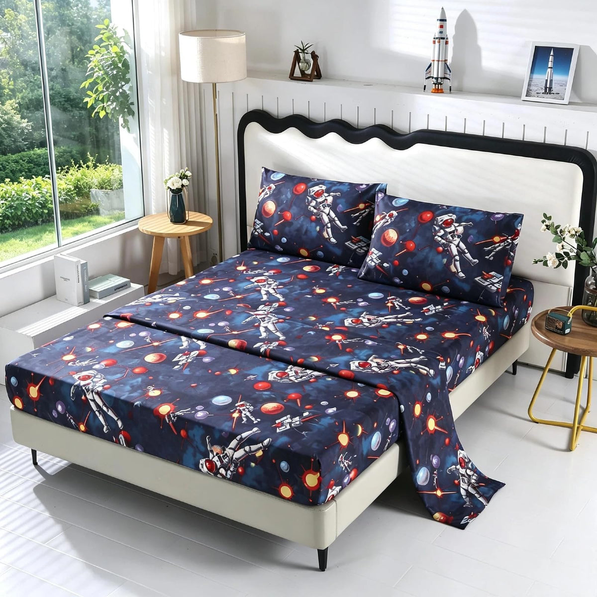 SDY 4 Pieces Space Sheets,Queen Microfiber Sheet Set Astronaut Space with 1 Deep PocketFitted Sheet+1Top FlatSheet+2 Pillowcases for Kids Teens Boys Girls