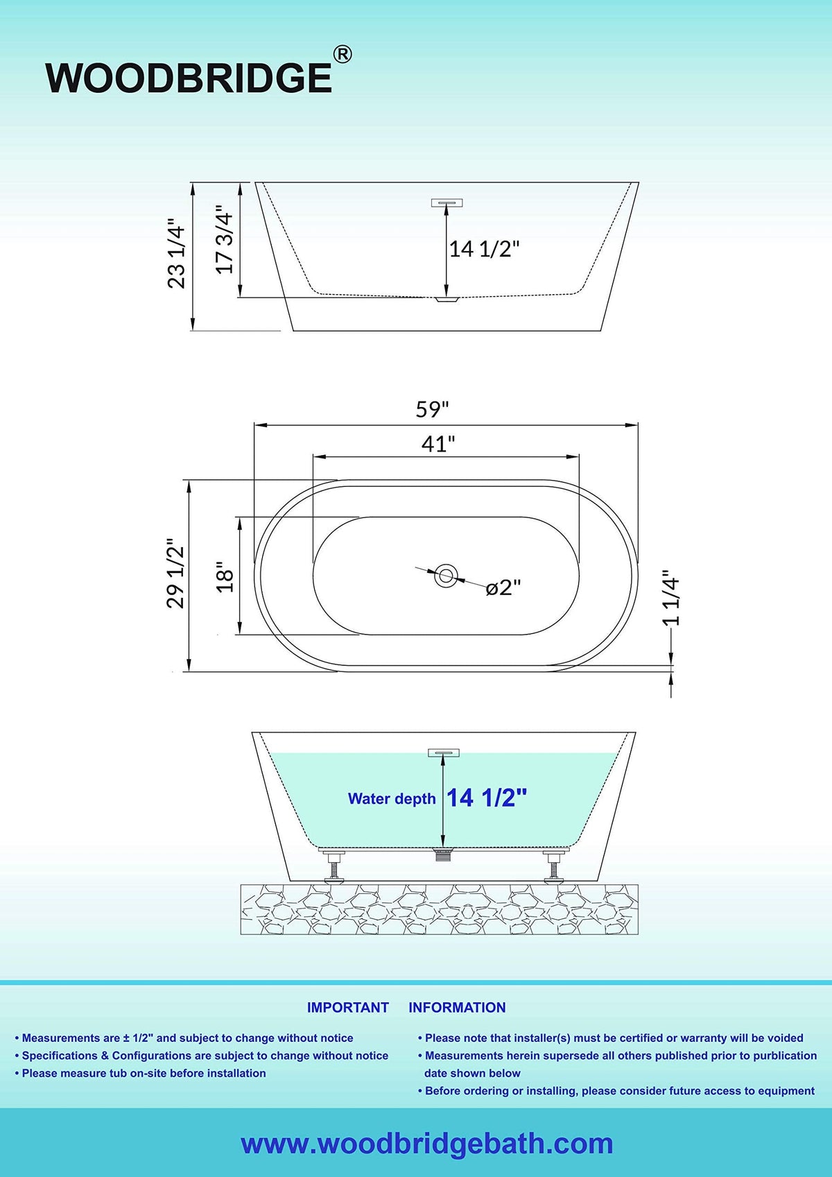 WOODBRIDGE 59"Freestanding White Acylic Soaking Bathtub with Drain Kit and Floor Mount Tub Filler in ORB,BTA1514 -ORB-Drain &O+F0010ORBRD