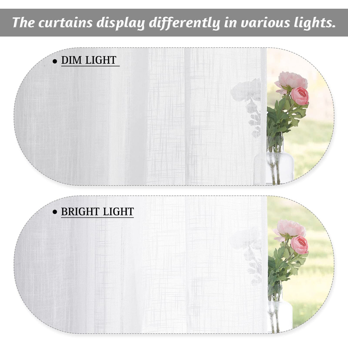 RYB HOME White Semi Sheer Curtains 84 inches Long - Living Room Curtains for Half Privacy, Linen Textured Sheer Light Filtering Vertical Window Drapes for Bedroom Dining, Width 52 inch, 2 Panels
