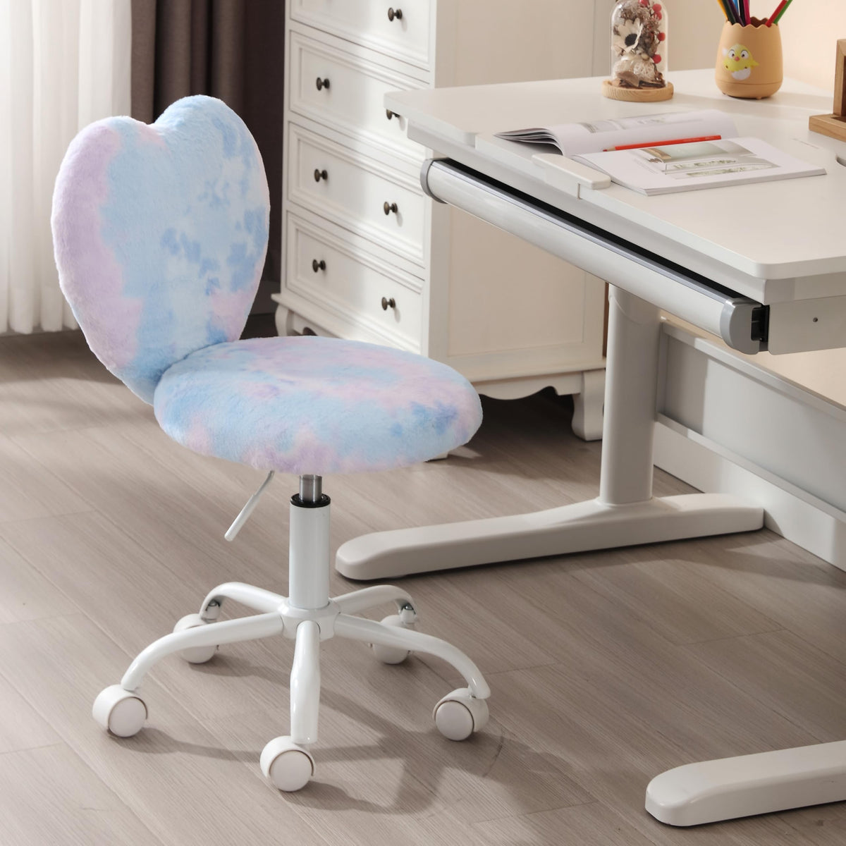 DM Furniture Kids Desk Chair Girls Students Study Chair Adjustable Computer Chair Furry Swivel Office Reading Chairs Child Cute Heart Back Chairs for Home/Bedroom/School/Dorm/Vanity, Blue