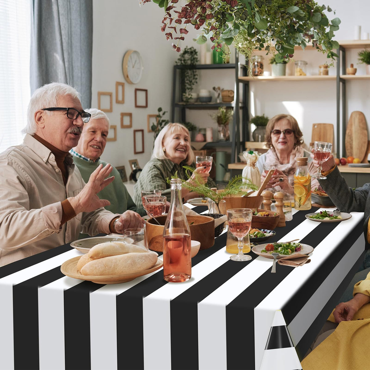 3pcs 54x108Inch Black and White Horizontal Striped Table Cloth Classic Black Stripe Tablecloths Disposable Plastic Stripe Waterproof Table Covers for Picnic Halloween Ghost Party