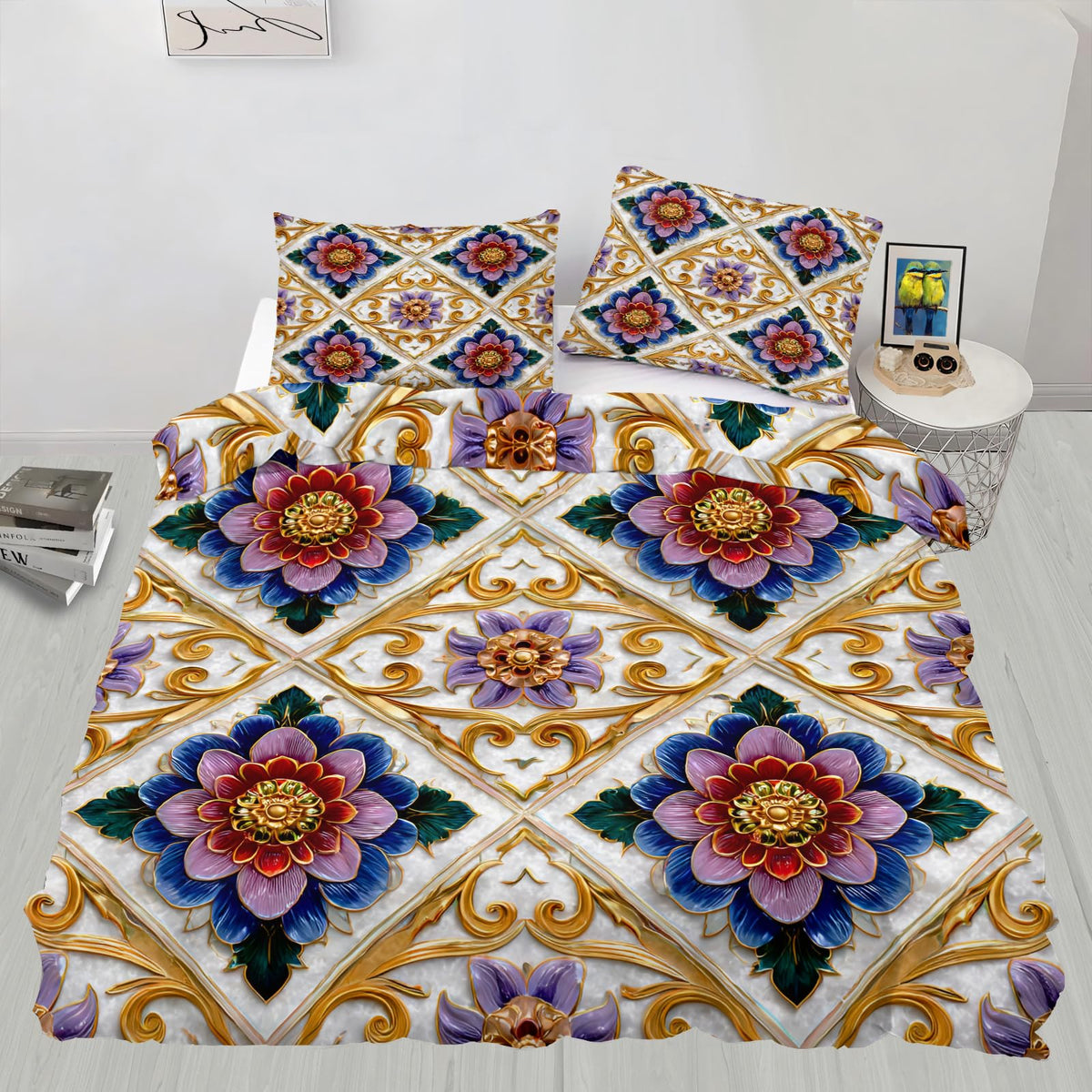 ZAMODE Floral Duvet Cover 104" x 90", Vintage Exotic Flower Bedding Set, Luxury Flowers Comforter Cover with Zipper Ties