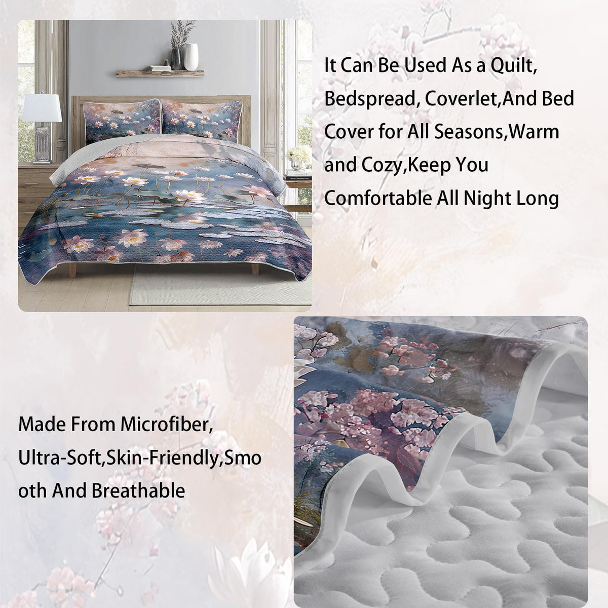 AILONEN King Quilted Comforter 3-Piece Set, Aesthetic Lotus Pond Bedspread Coverlet with 2 Pillowcases, Soft Zen Painting Bedding for Adults Luxury Suite Large Size Floral Impressionist