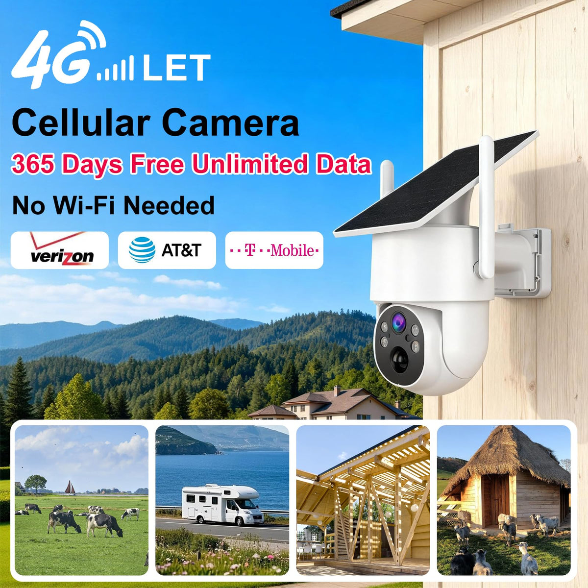 CUUKSHKN 4G LTE Cellular Security Camera Outdoor Wireless，365-Day Free Unlimited Data,No WiFi Security Camera Solar Powered,2K 360°Viewing,Color Night Vision,PIR Motion Sensor, 64GB SD Card Included