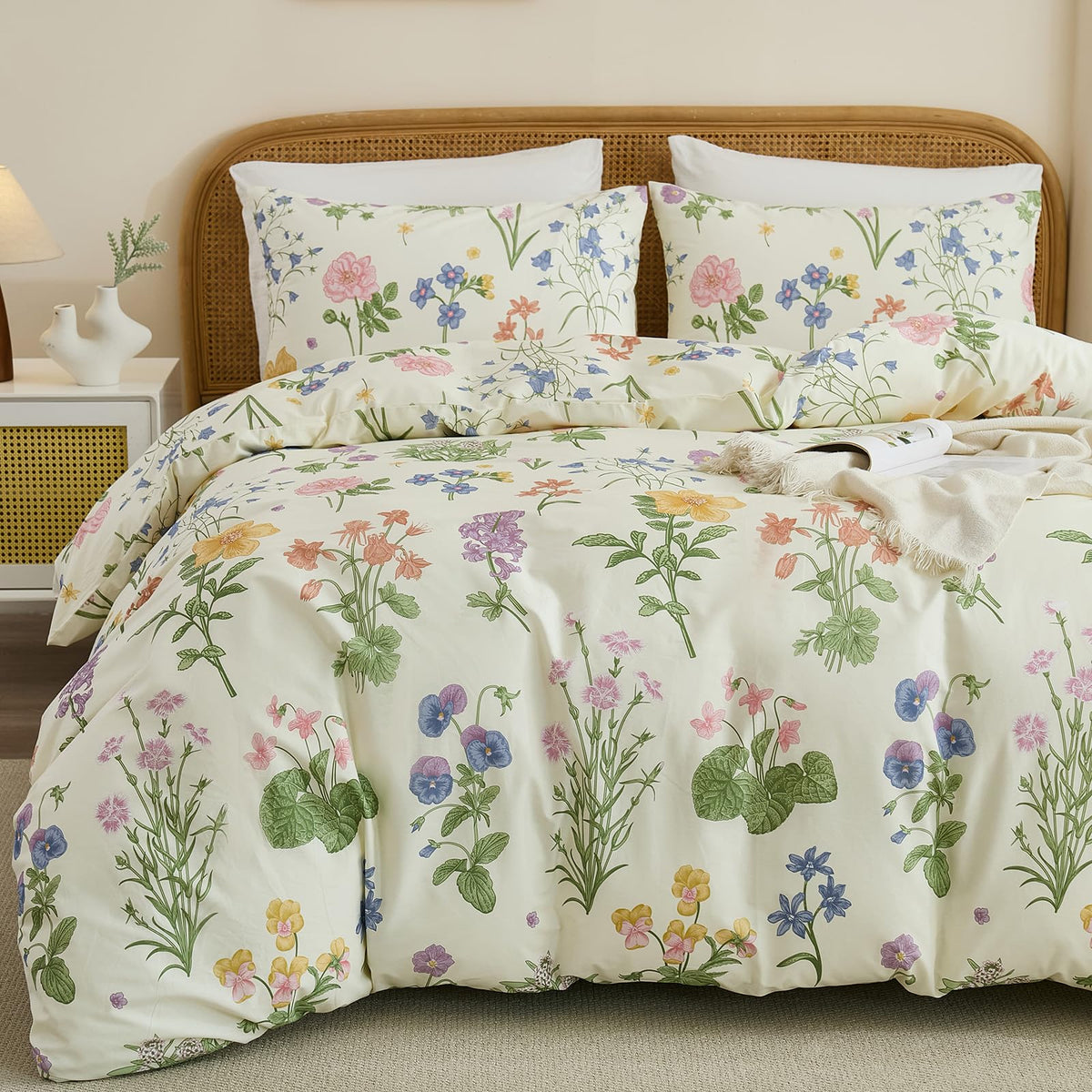 Cozaline 100% Cotton Duvet Cover King Size – Botanical Garden Print, Green Floral Duvet Cover Set with Zipper Closure, 3-Piece Soft Breathable Natural Cotton Bedding Set for All Seasons