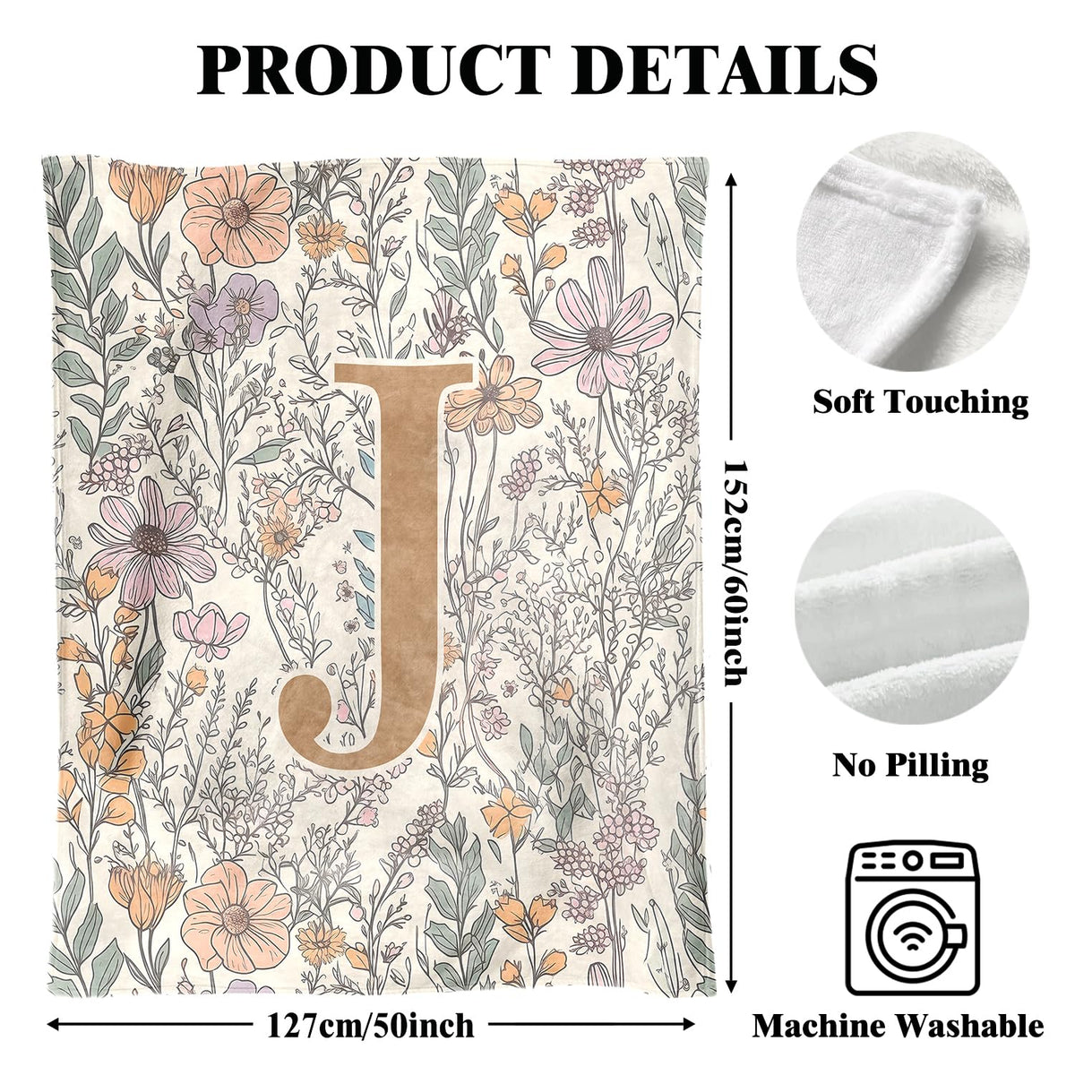 JXREQ Throw Blanket Initial Letter J Personalized Monogrammed Gifts for Women Teen Girls Frends, Boho Floral Throw Blankets for Bed Sofa Living Room Office, 50x60 Inch