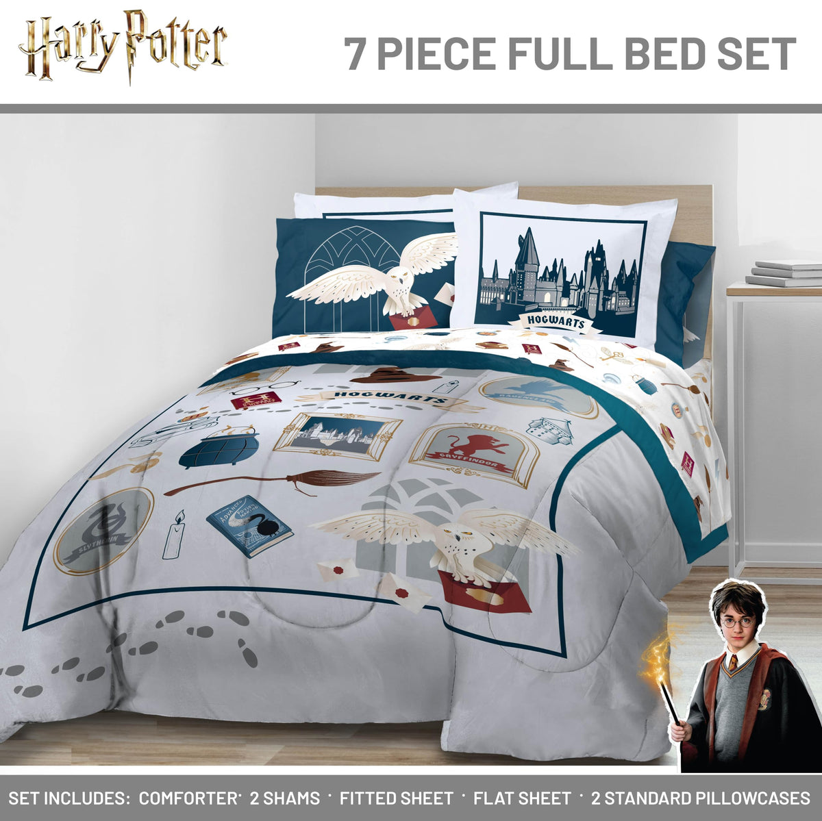 Jay Franco Kids Bed Set, Dark Grey, Harry Potter, 7 Piece Full