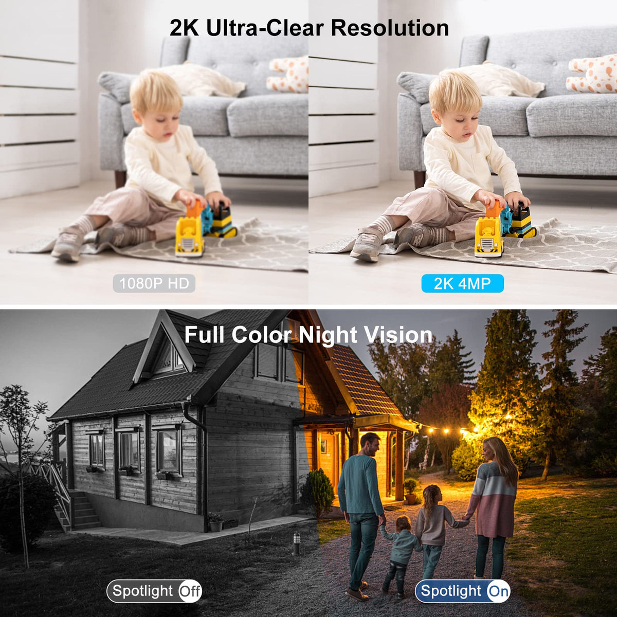 Magnetic Security Cameras Wireless Outdoor - Home Battery Powered WiFi Camera 2K Video/Color Night Vision/AI Motion Detection Siren Alarm and Spotlight 2-Way Audio Waterproof SD/Cloud (Black(2pcs))