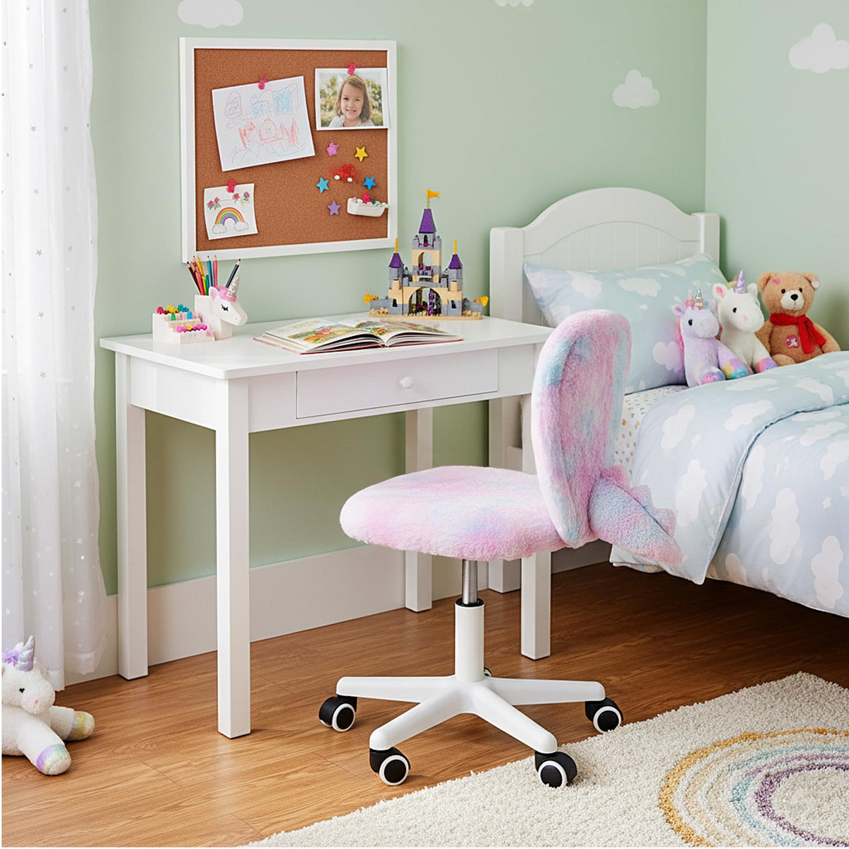 wangji TAILLA Fuzzy Kids Desk Chair, Small Comfy Armless Furry Faux Fur Swivel Chair for Tweens, with Detachable Animal Tail