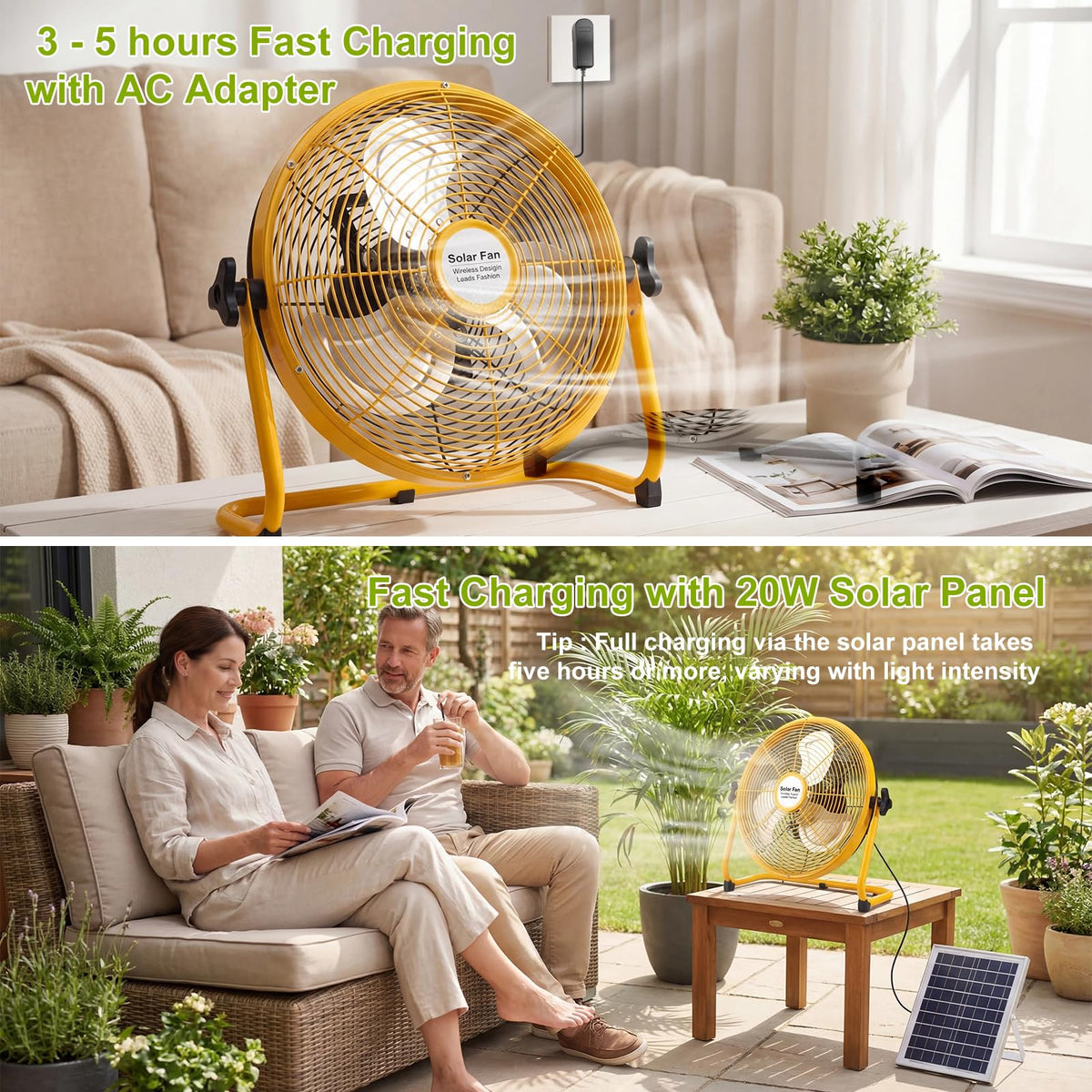 12'' Solar Powered Floor Fan Rechargeable, Long Lasting Portable Battery Operated Floor Fans with 12 Speeds, 20W Panel & AC Charging, 360° Tilt for Outdoor Camping, Chicken Coop, Garage (Yellow)