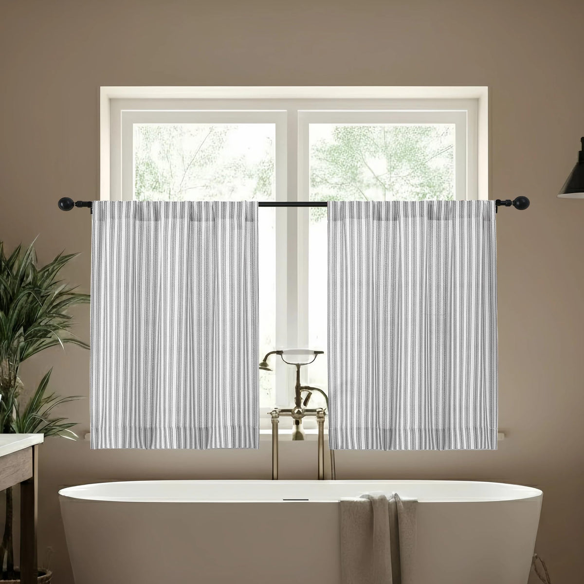 Chyhomenyc Striped Boho Curtains 24 Inch Length - Light Filtering Faux Linen Half Window Cafe Curtains, Farmhouse Short Curtain Tiers for Bathroom RV Camper, 30Wx24L, 2 Pieces, Grey