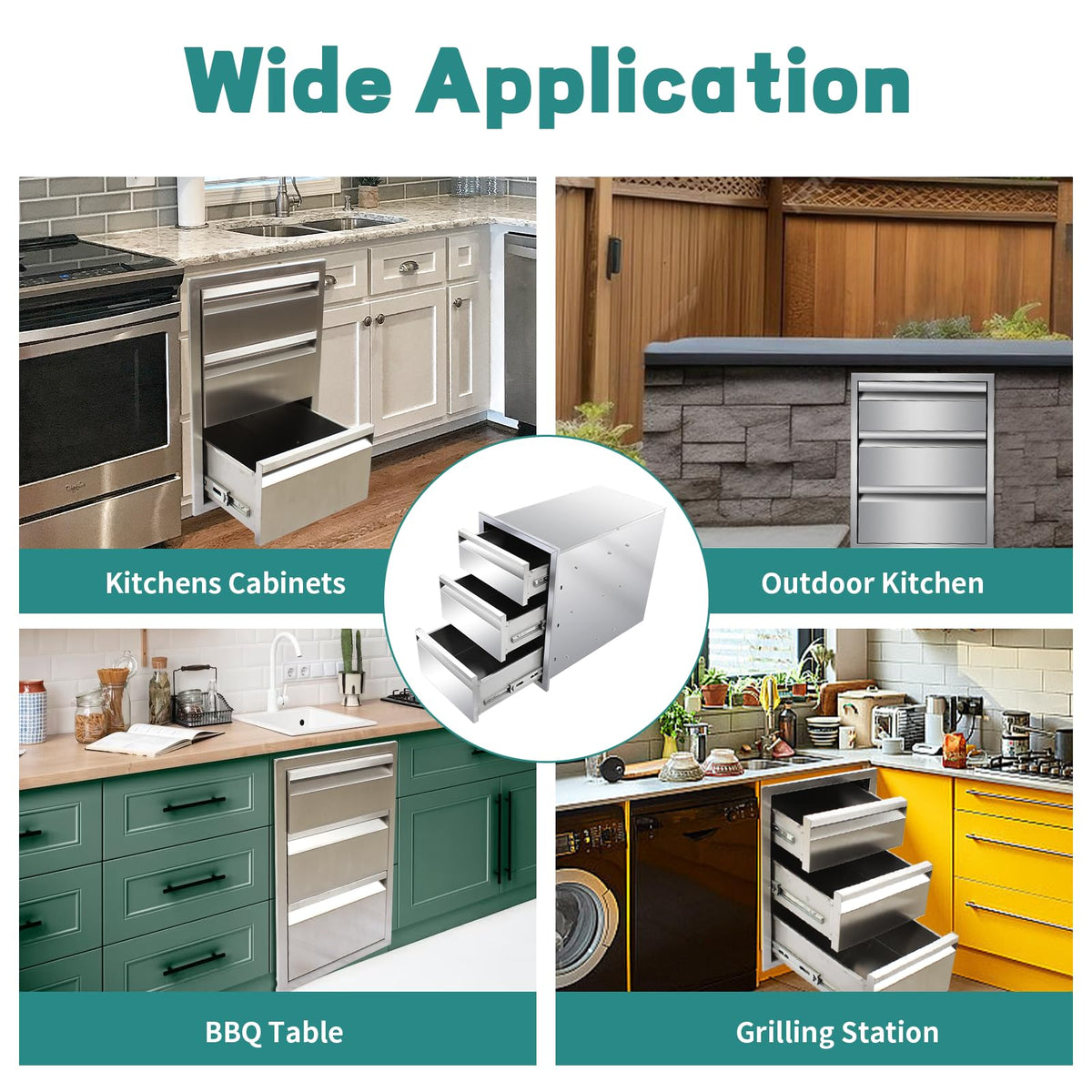 Outdoor Kitchen Drawers 14" W x 21" H x 23" D Stainless Steel Drawer BBQ Triple Drawers with Hidden Handle for Outdoor Kitchen Island, Patio Grill Station