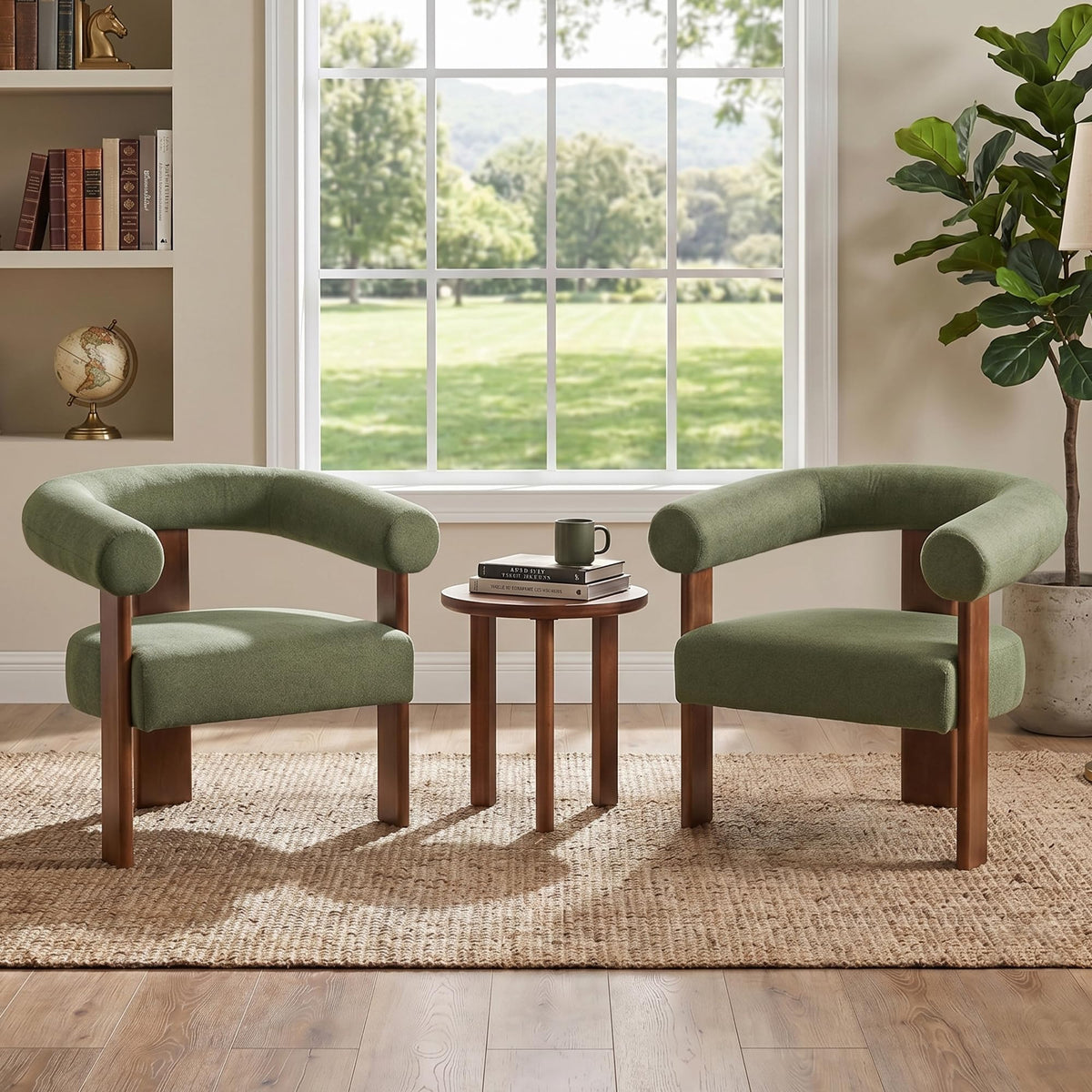 Usaint Upholstered Accent Chair, Mid-Century Modern Arm Chair Living Room Chairs with Walnut Wood Legs, Comfy Barrel Accent Chairs for Living Room, Bedroom, Vanity, Reading Room, Green