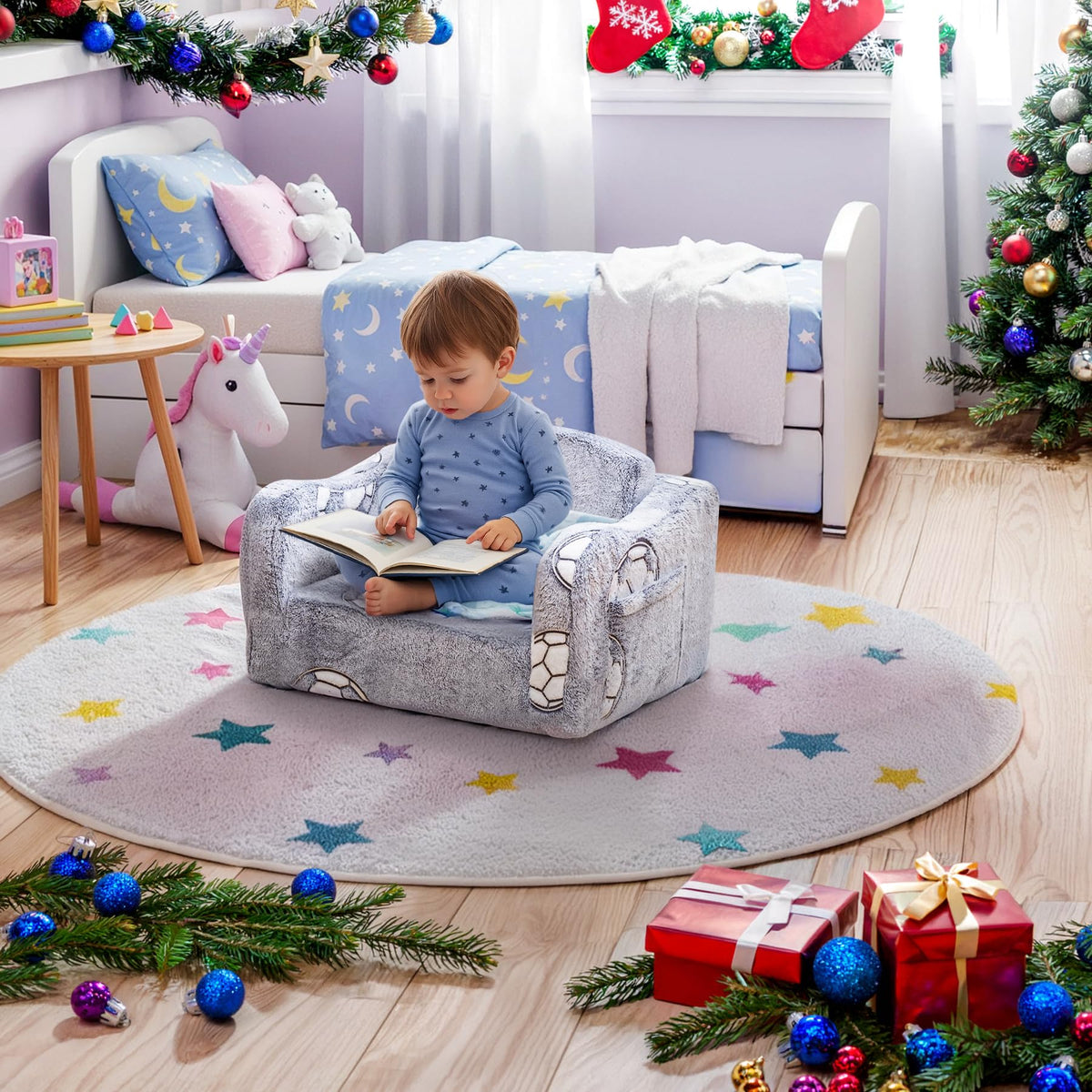 Lamerge 2-in-1 Toddler Couch,Glow in The Dark Baby Floor Bed,Foldable Toddler Chair Kids Sofa for playroom,Convertible Sofa to Lounger for Girls and Boys (Grey and Football)