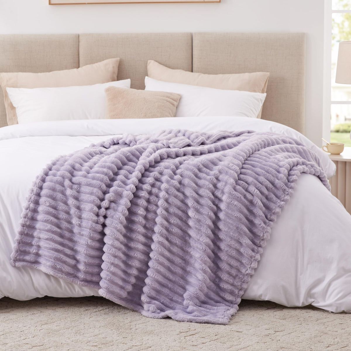 EXQ Home Fleece Throw Blanket for Couch or Bed - 3D Stripe Jacquard Decorative Blankets - Cozy Soft Lightweight Fuzzy Flannel Blanket Suitable for All Seasons(50"×60",Light Purple)