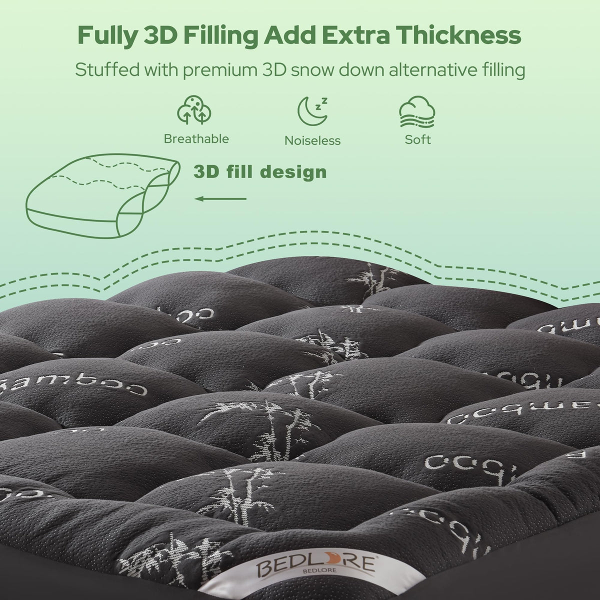 BEDLORE Full Size Mattress Topper Viscose Derived from Bamboo, Thick Pillow Top Mattress Pad with Stretchable Pockets for 6"-15" Mattress, Breathable Mattress Topper for Back Pain Relief(Dark Gray)