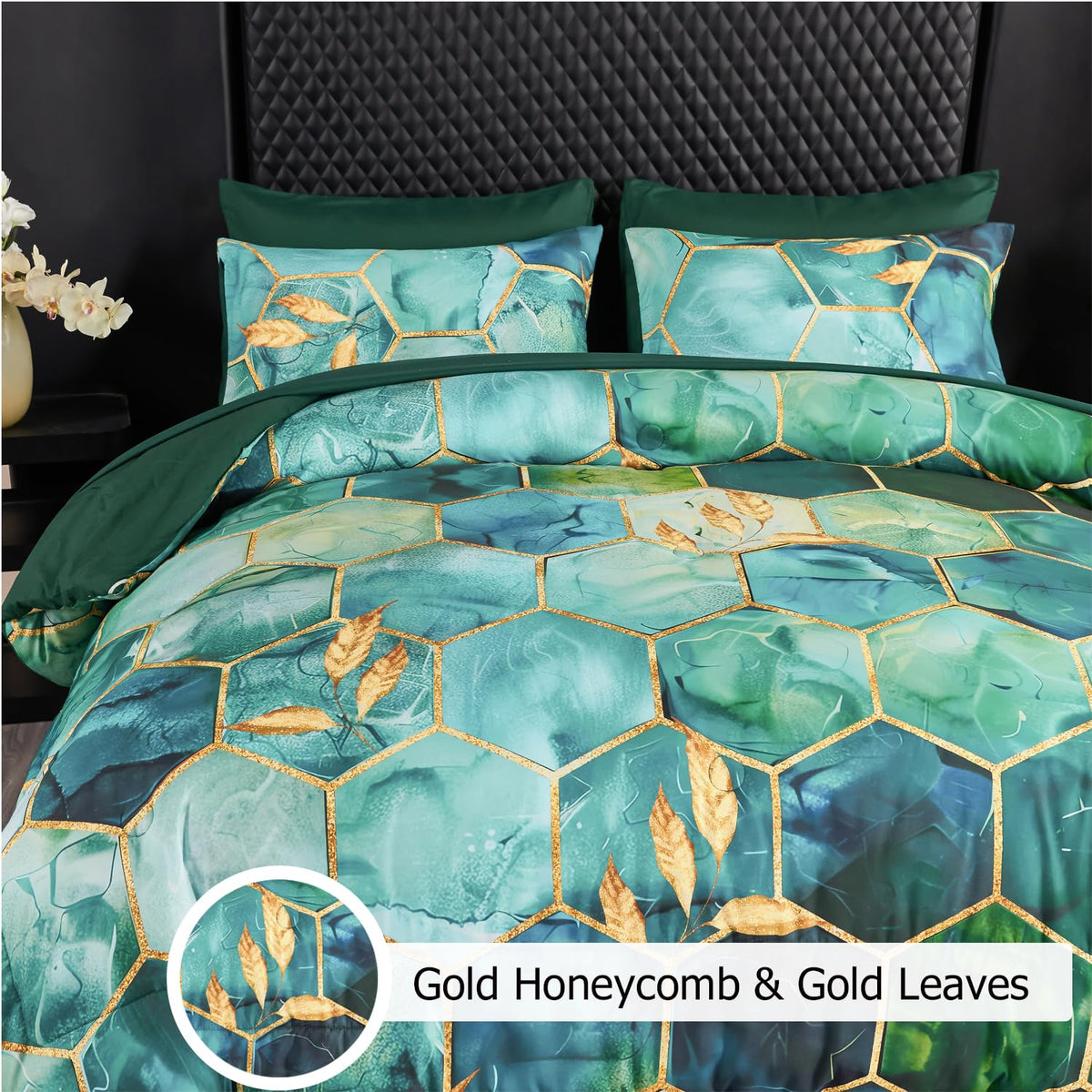 ANGIYUIN 7 Pieces Turquoise Gold Marble Comforter Set Queen Watercolor Printed Bedding Comforter Set Luxury Gold Trim Bed Set Hexagon Honeycomb Bed in A Bag with Sheets(Queen Teal Green)