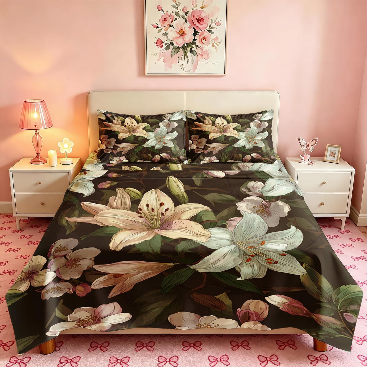 Lily Floral Sheet Set, 4 Pcs Full Size Botanical Bed Sheets