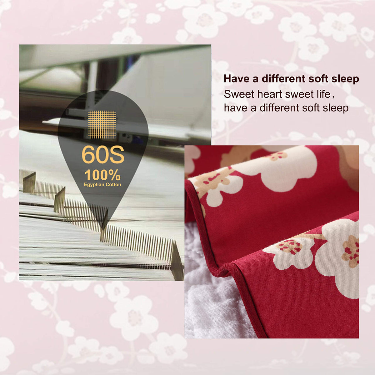 Brandream Eastern Japanese Oriental Style Cherry Floral Chinoiserie Blossom Print Duvet Quilt Cover Set Red 800TC Egyptian Cotton Sateen Bedding Set 3 Piece Ornamental Drawing(Queen)