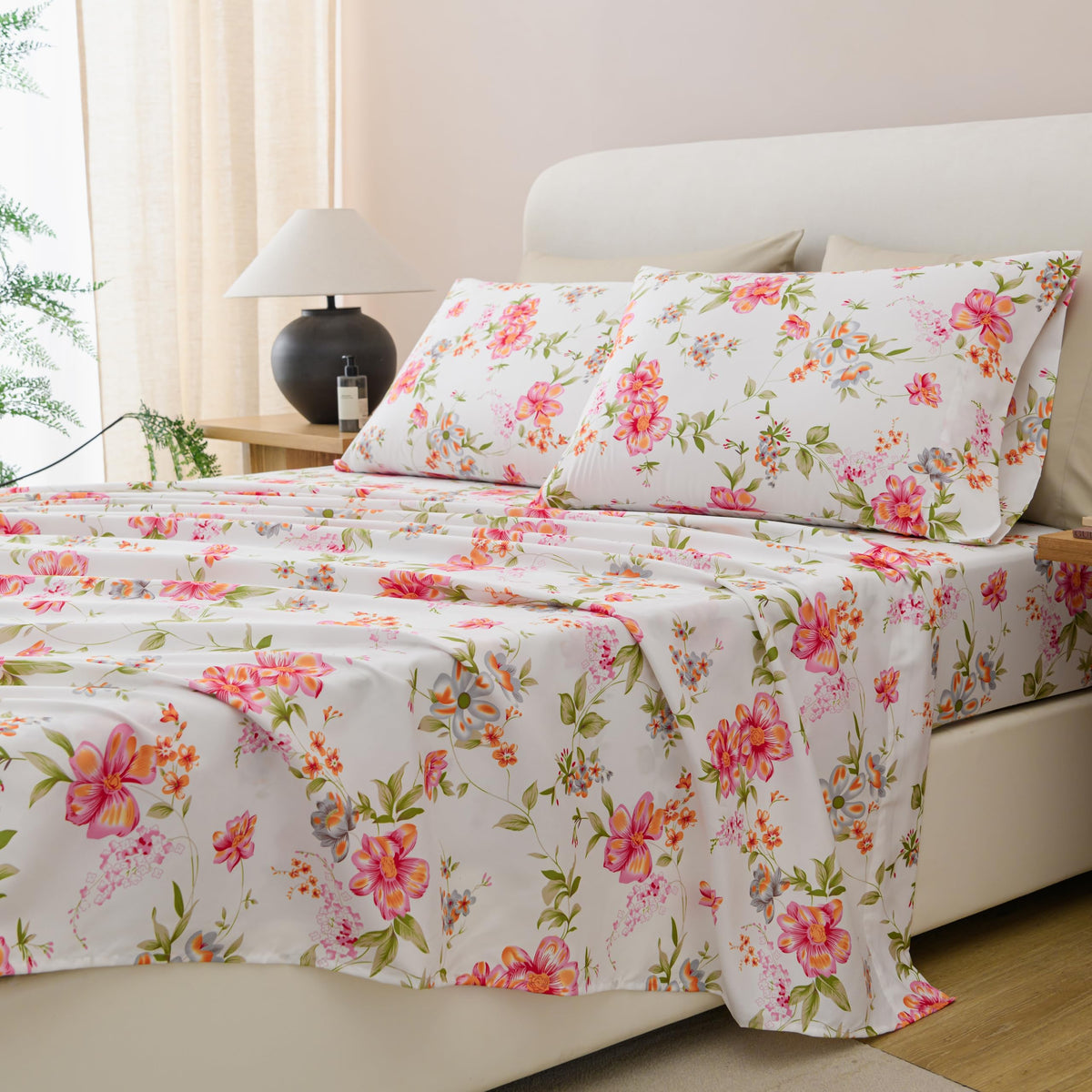 Spirit Linen Home 6-Piece Queen Size Bed Sheet Set - Deep Pocket, Floral Print Design, Soft and Breathable Bed Sheets, Microfiber Material, Includes 1 Fitted, 1 Flat, 4 Pillowcases - Pink/Green Floral