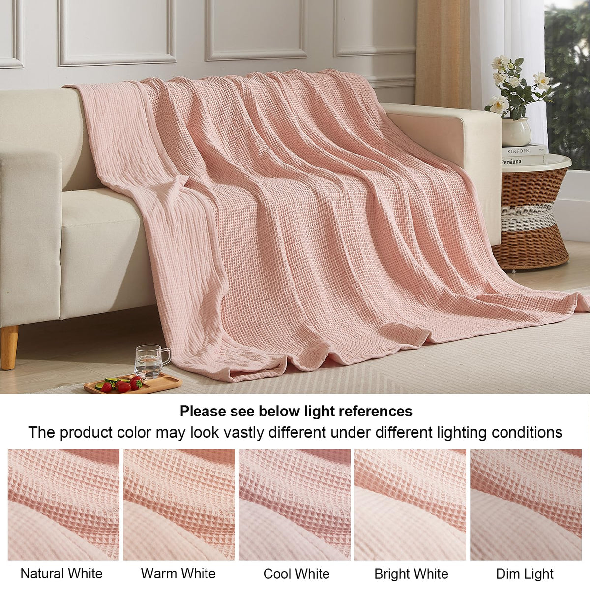 PHF 100% Cotton Waffle & Muslin Blanket Queen Size, Soft Breathable Luxury 400GSM Versatile Reversible Bedding for Bed, Great for Layering in Cold Weather, Home Decor Gift, 90" x 90", Rose Smoke
