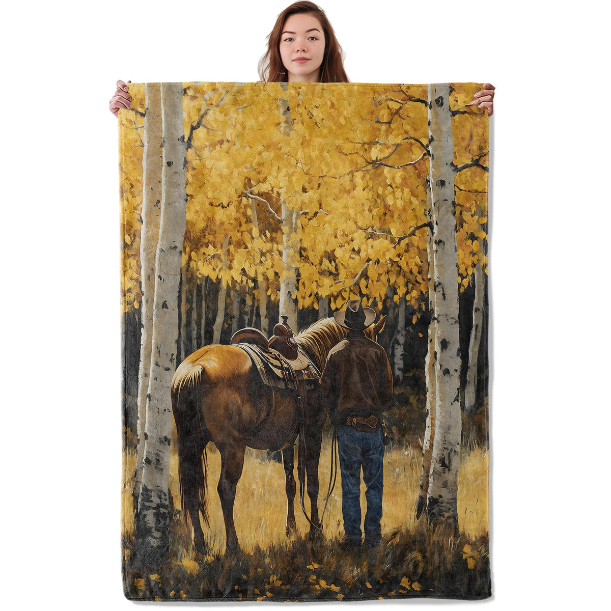 UNDAHIS Cowboy and Horse Blanket, Soft Warm Cozy Autumn Aspen Forest Nature Scene Throw Blanket for Adults Kids Women Men, Lightweight Fuzzy Flannel Blankets for Couch, Travel, Home Decor 60×50 Inch