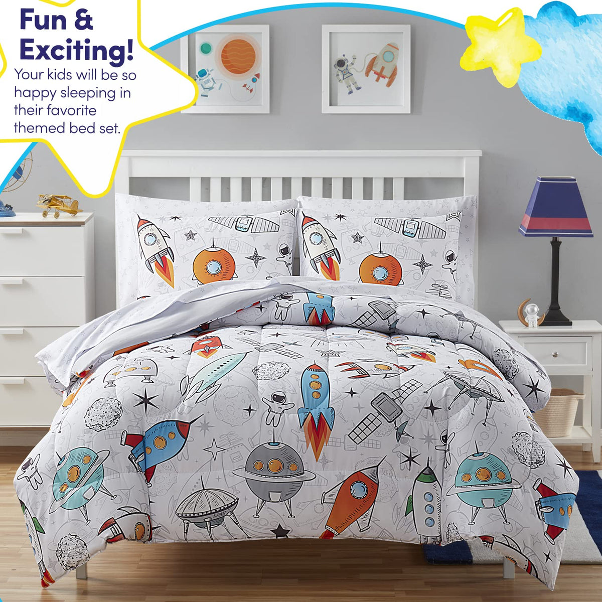 Kids Bedding Set Bed in a Bag for Boys and Girls Toddlers Printed Sheet Set and Comforter , Twin, Floating in Space