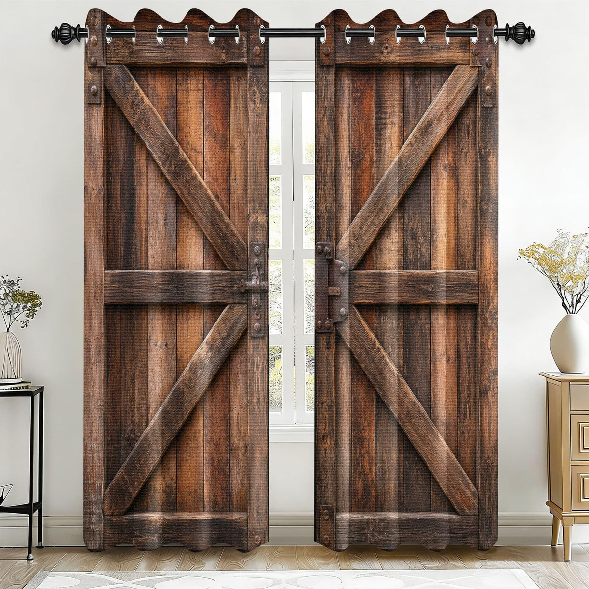 Warm Brown Rustic Barn Door Blackout Curtains, Vintage Wooden Texture Grommet Top Window Drapes, Thermal Insulated Room Darkening Curtains for Bedroom Farmhouse Cabin, 2 Panels Set, 37"W x 63"L