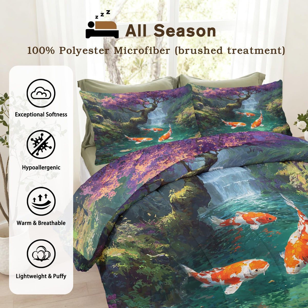 TANCAPRIUM Koi Fish Comforter Set Twin - Japanese Asian Bedding Set & 2 Pilow Cases for All Season - Soft Reversible Down Alternative 3 Piece. Fishing Bedrom Decor
