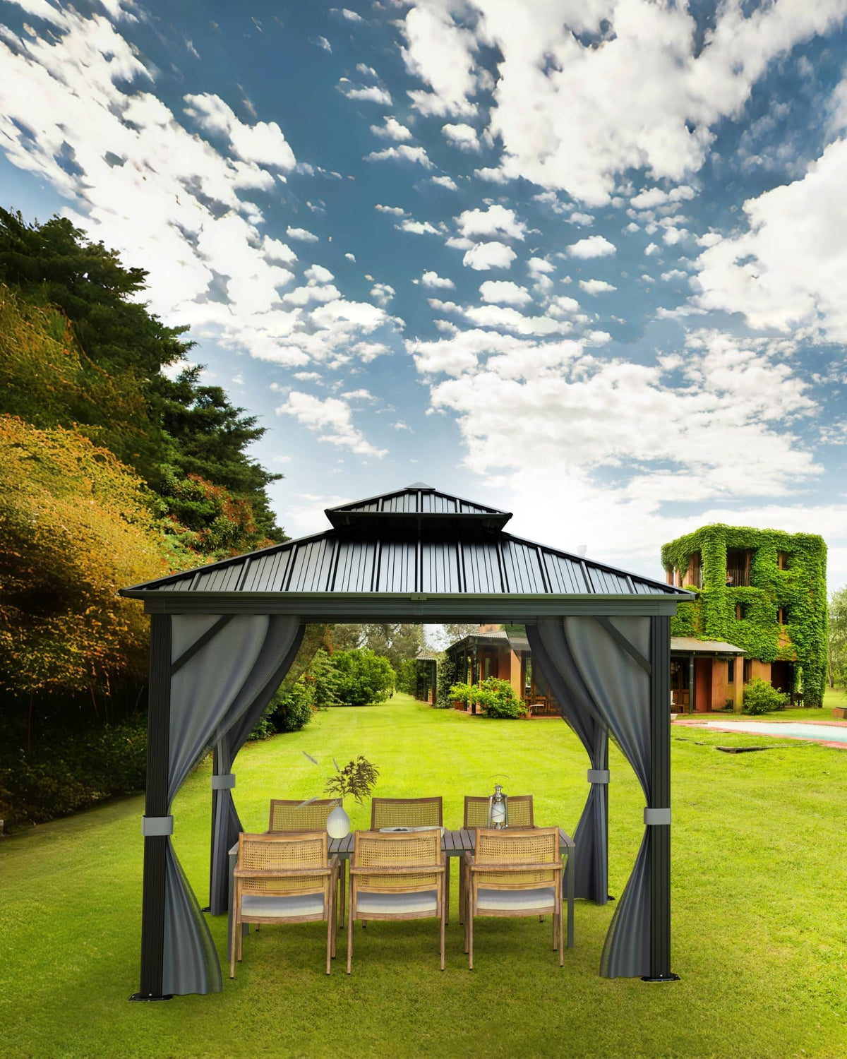 12'X12' Hardtop Gazebo, Outdoor Double Roof Galvanized Steel Gazebo, Aluminum Heavy-Duty Steel Top Canopy with Mosquito Net & Privacy Curtain for Patio, Porch, Garden, Lawn, Deck, Backyard,Gray