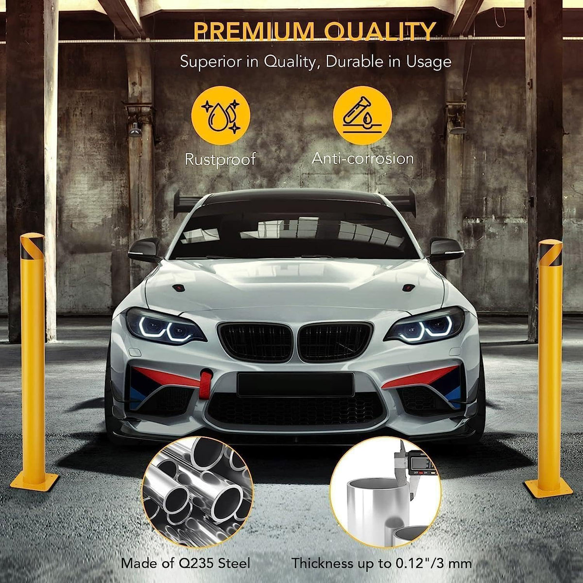6-Pack 42 Inch Steel Safety Bollard Post, 4.5 Inch Diameter Metal Safety Bollard with 24 Anchor Bolts for Driveway Barrier, Parking Pole, Traffic Control