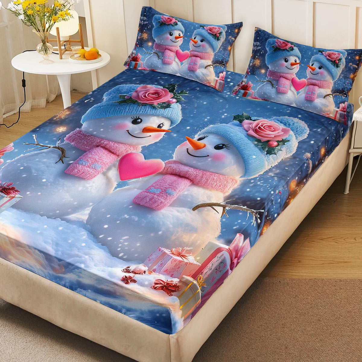 HOSIMA Snowman Twin Fitted Sheet,Cute Snowmen Looking at Each Other,Flowers Gifts Pattern Christmas Bedding Set Romantic Themed Couple Bedding for Women Bedroom Decor,1 Fitted Sheet+2 Pillowcases.