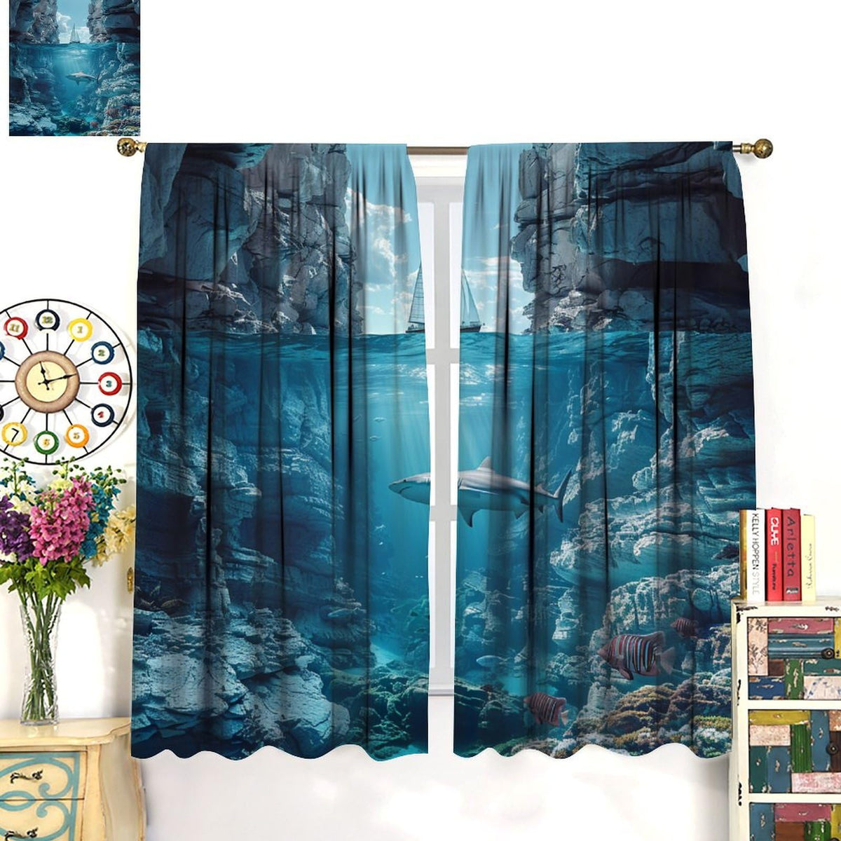 TOWINSFB Nautical Sailboat Shark Blackout Curtains for Living Room Bedroom, Ocean Rock Coral Fish Scenery Window Curtains Rod Pocket Thermal Insulated Window Drapes, 2 Panels, Each 21W x 45L