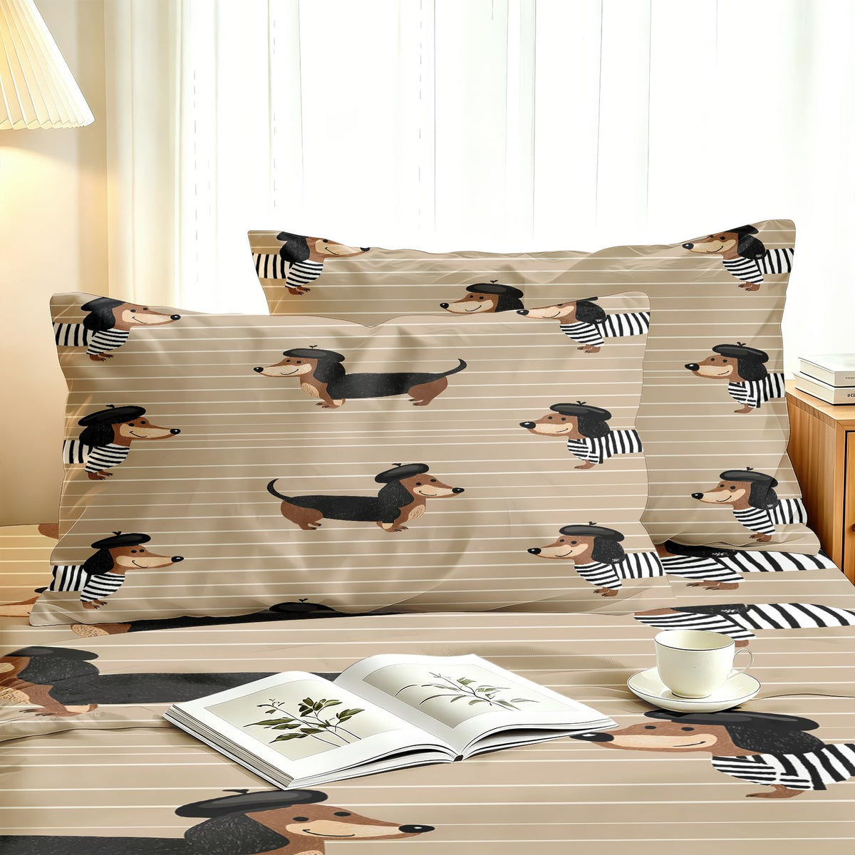 Dachshund King Sheet Set Boys Puppy Flat Fitted Sheet Sets, Cream