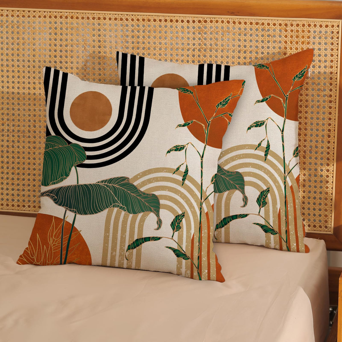 JEFERSO Boho Orange Pillow Covers 18x18 Set of 2 Gold Green Leaf Tropical Mid Century Throw Pillows Outdoor Bohemian Abstract Modern Decorative Pillowcase Farmhouse Cushion Case for Couch Sofa Decor