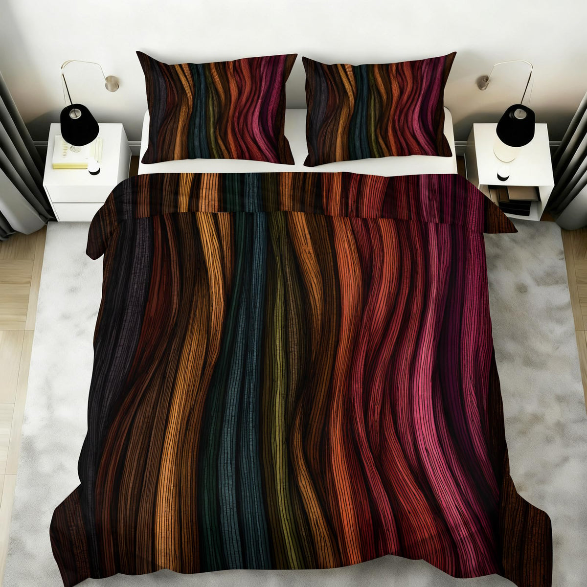 ZAOMIR Modern Abstract Wavy Stripe Dark Duvet Cover Twin Size, Boho Colorful Stripe Bedding Set 3 Piece, Ethnic Geometric Patterned Comforter Cover with Zipper Soft Microfiber, 2 Pillowcases