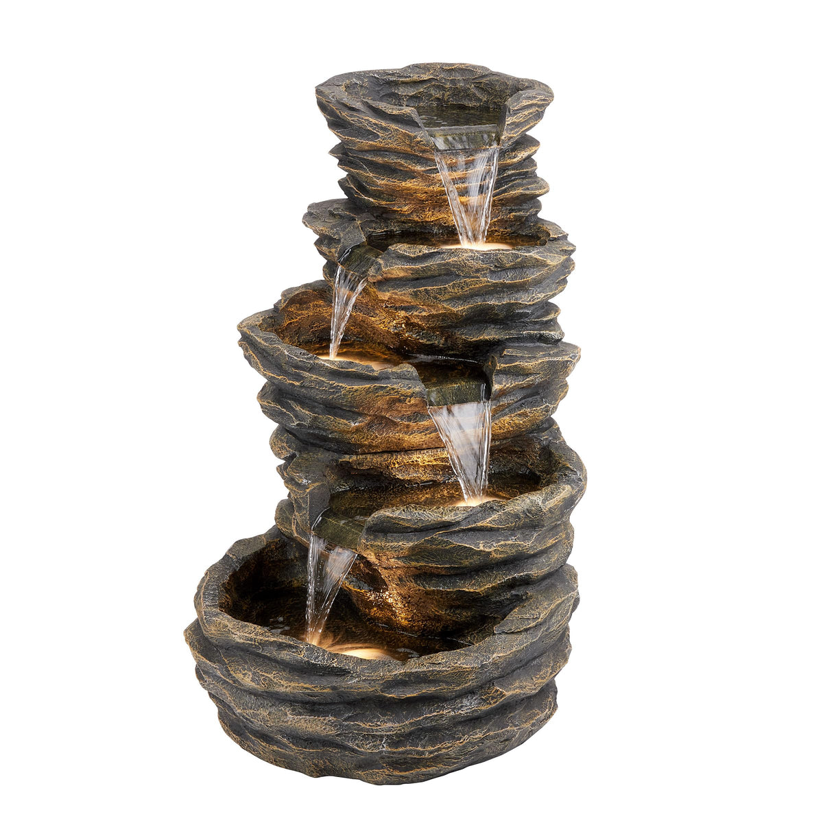 Alpine Corporation 39" Tall Outdoor 5 Tiered Natural Look Rock Water Floor Fountain with Replaceable Lights, Brown