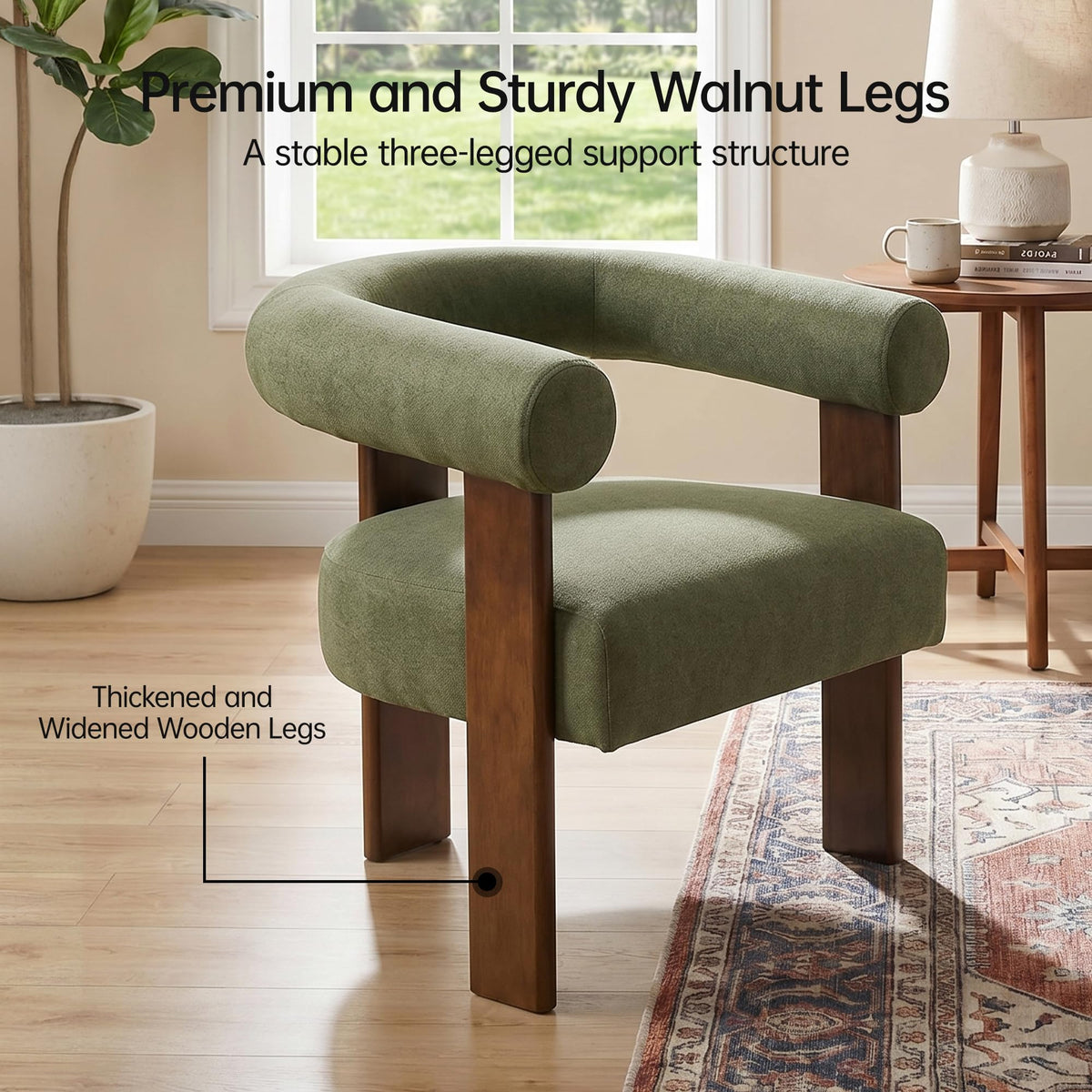 Usaint Upholstered Accent Chair, Mid-Century Modern Arm Chair Living Room Chairs with Walnut Wood Legs, Comfy Barrel Accent Chairs for Living Room, Bedroom, Vanity, Reading Room, Green