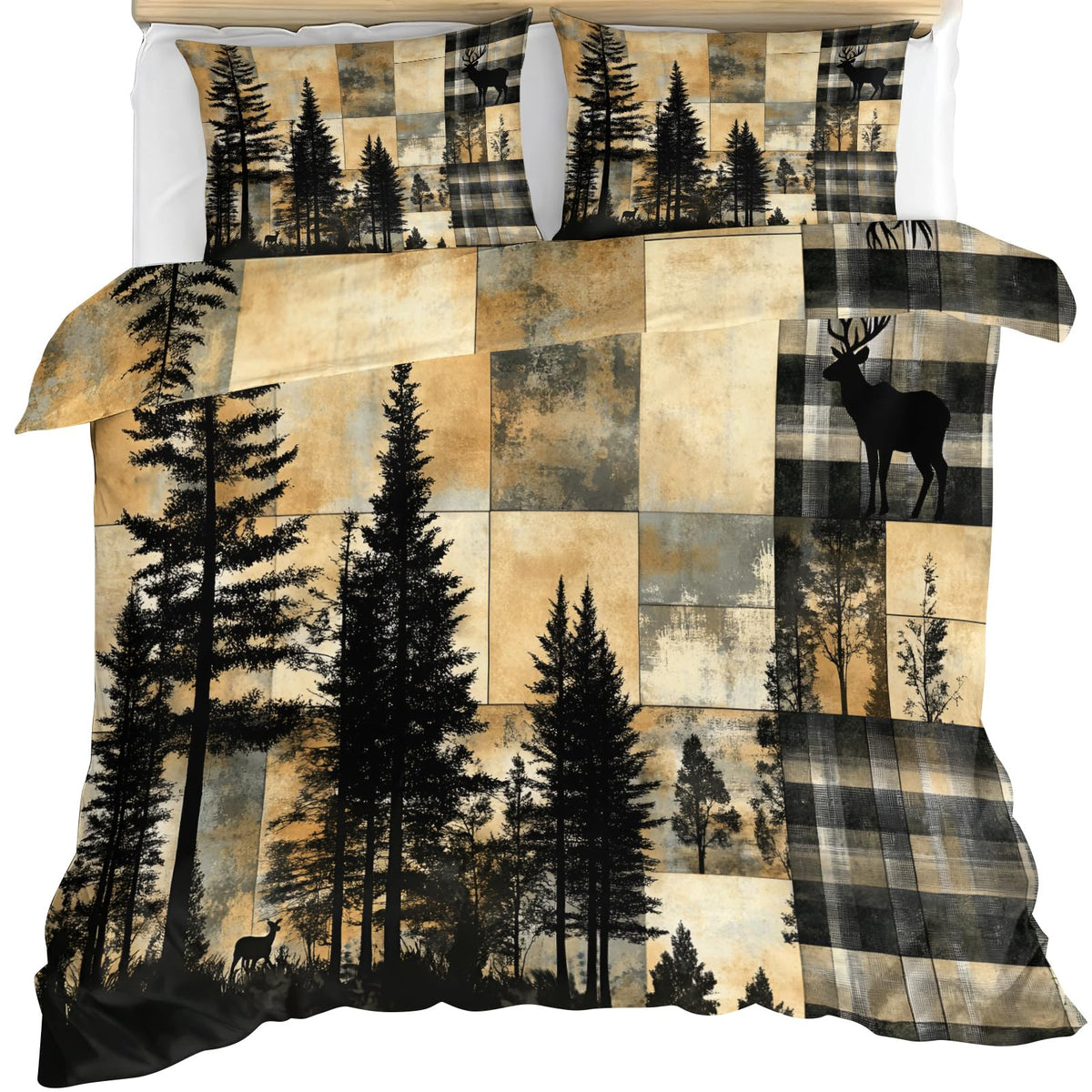 GKPLY Plaid Deer Forest Duvet Cover Queen - Rustic Wood Bedding Set & Bedroom Decor - Cabin Wildlife Comforter Set - Zipper & Ties, Reversible Print - Patchwork Bedding Duvet Cover & 2 Pillow Cases