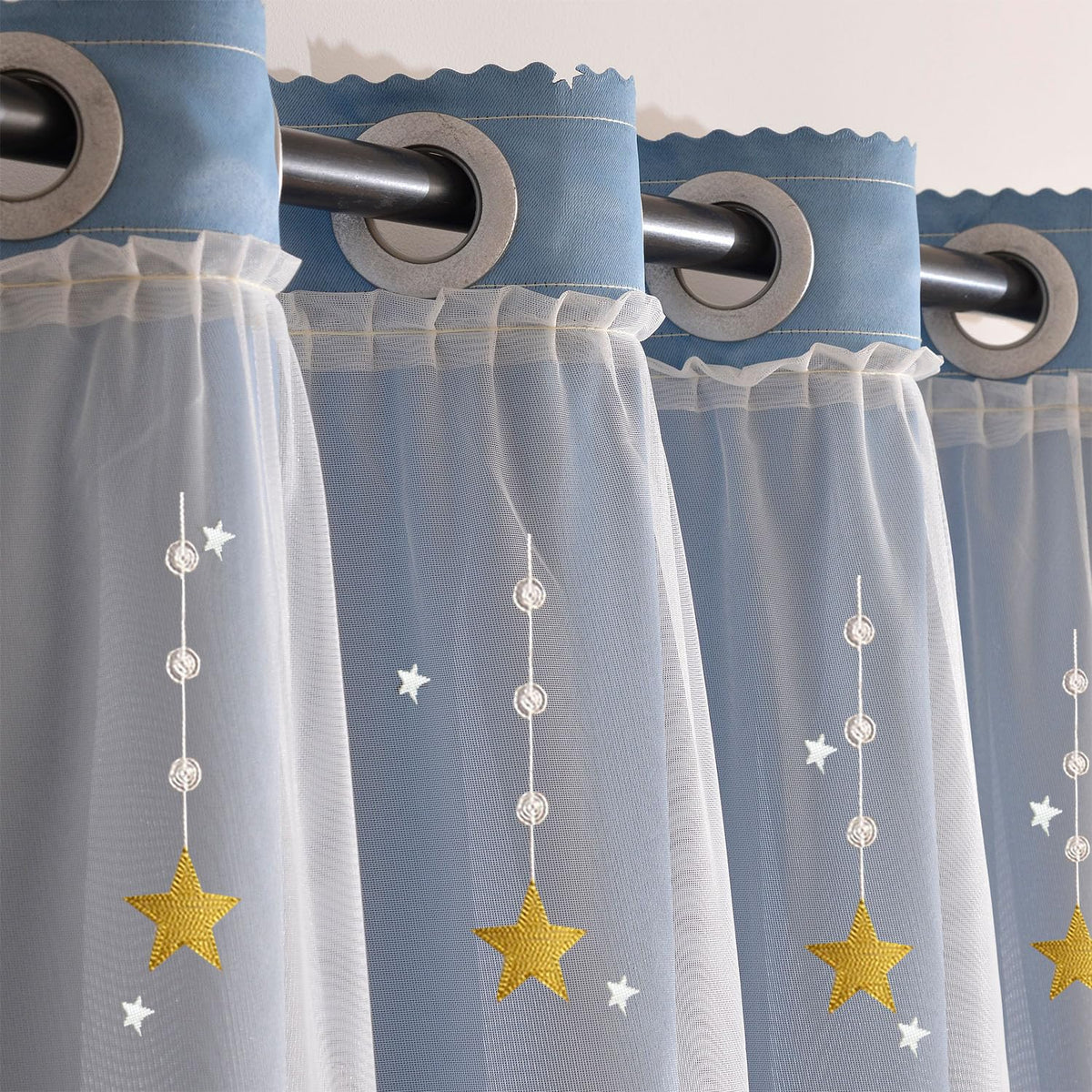 Blue Shooting Star Pattern Living Room Bedroom Blackout Insulated Double Layer Curtains for Girls Bedroom Kids Room Decor(47" W x 66.9" L)