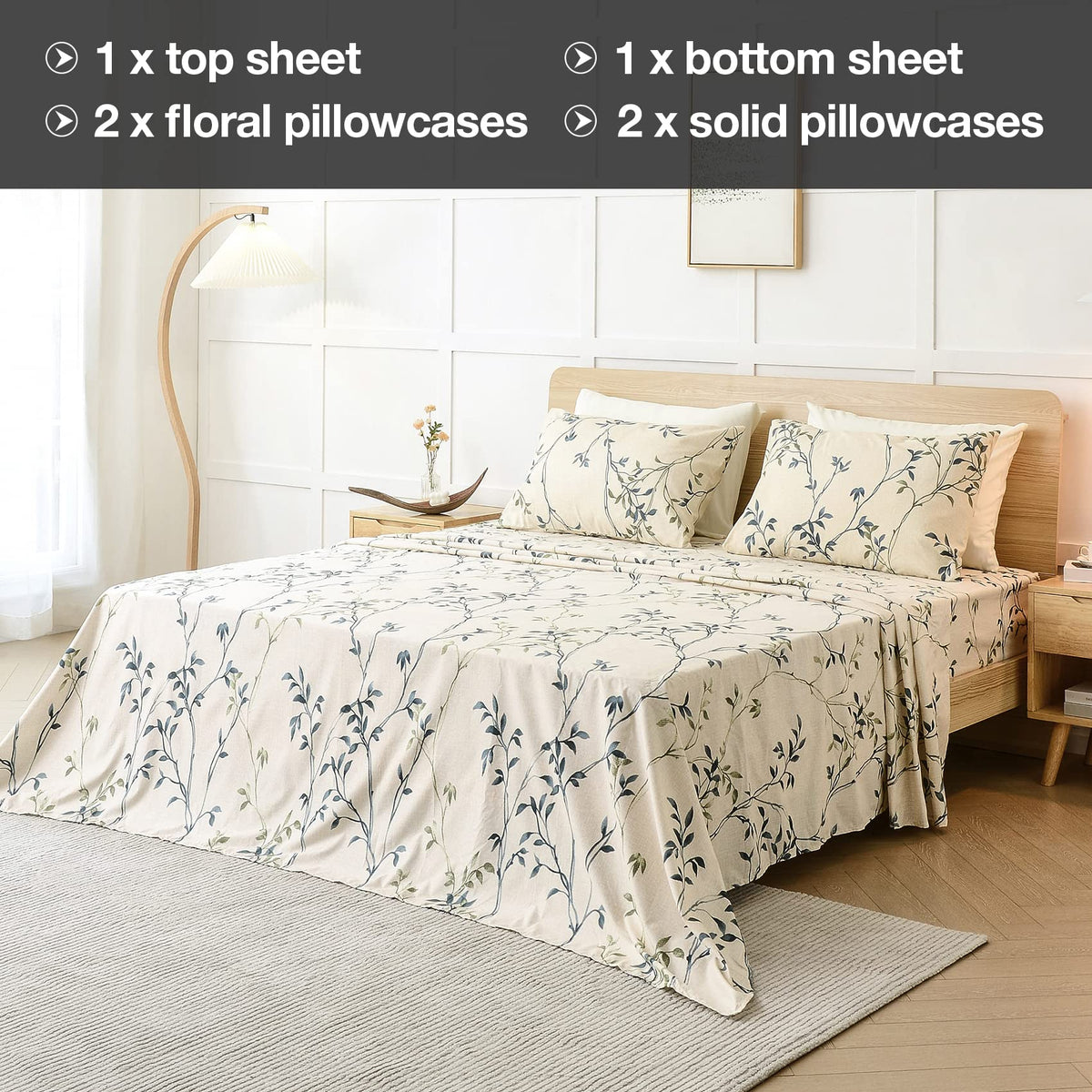 JSD 6 Piece Rustic Leaves Printed Sheet Set King Size, Soft Botanical Pattern Microfiber Sheets Extra Deep Pocket