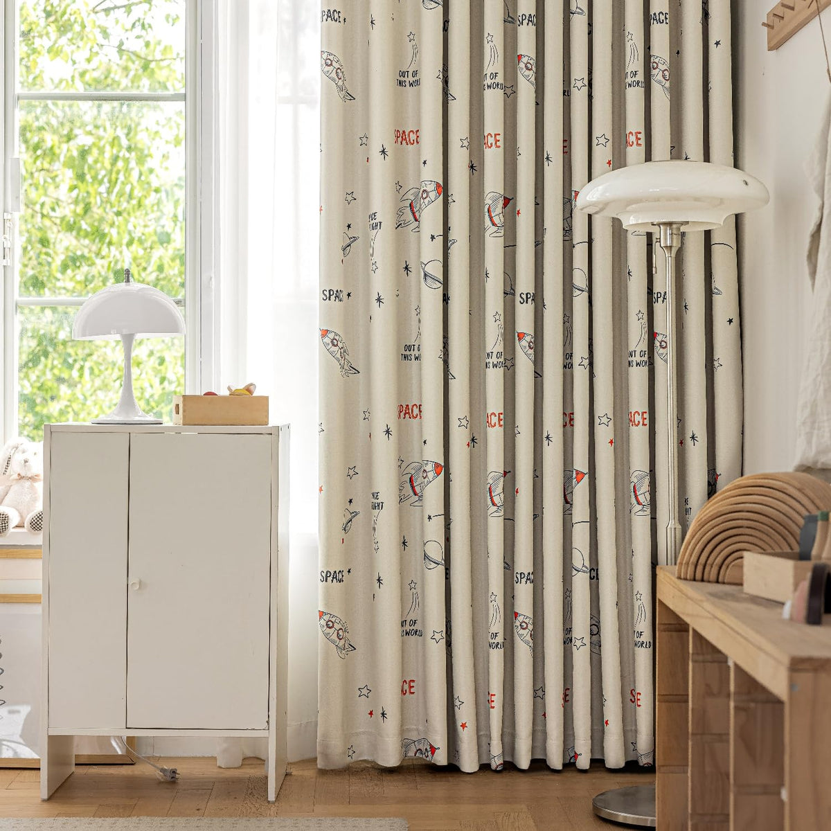 Cartoon Space Theme Pattern Semi Blackout Curtain for Kids Room Nursery