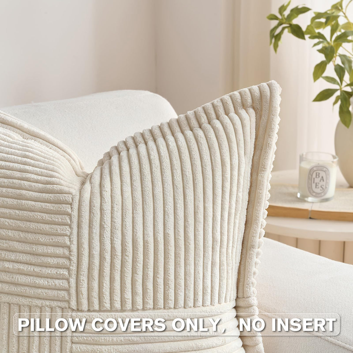 HAUSSY 2 Pack Pillow Covers 18x18 Inch, Corduroy Decorative Throw Pillows Soft Boho Striped Solid Couch Cushion Covers Home Decor Modern Pillow Cases for Living Room Sofa Bed, Beige (Covers Only)