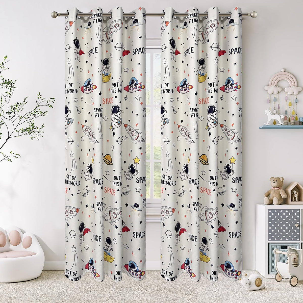KMSG Cartoon Astronaut Theme Semi Blackout Curtains for Bedroom Living Room