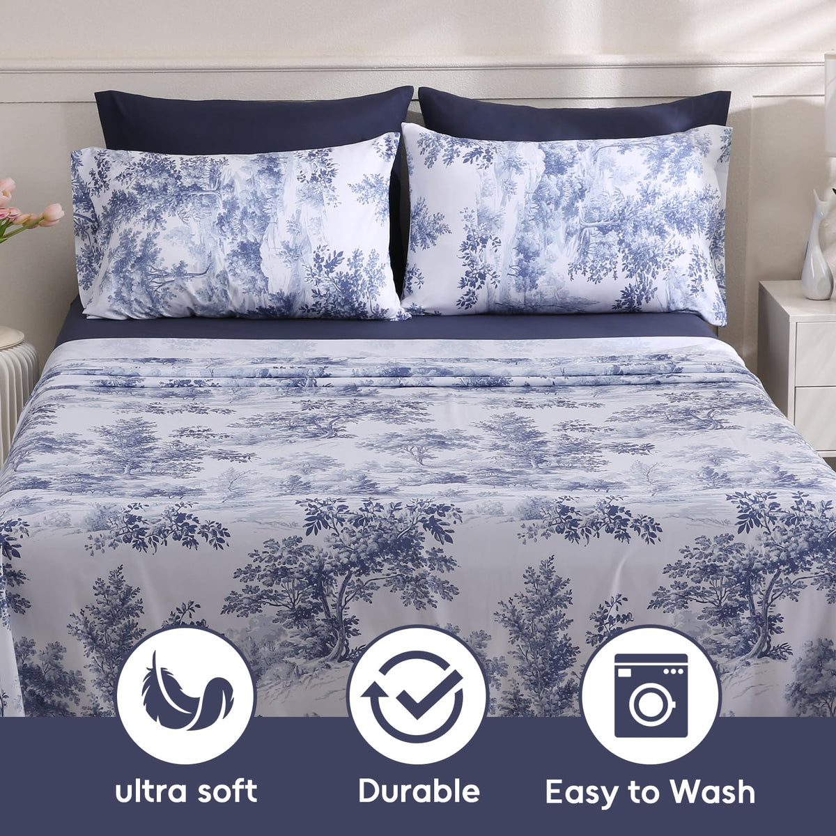 LONAVA Botaincal King Size 6 Pcs Sheet Set, Breathable Microfiber Deep Pocket Navy Fitted Sheets, Comfy & Breathable Patterned Flat Sheets,4 Gentle Soft Pillowcases, Blue Forest